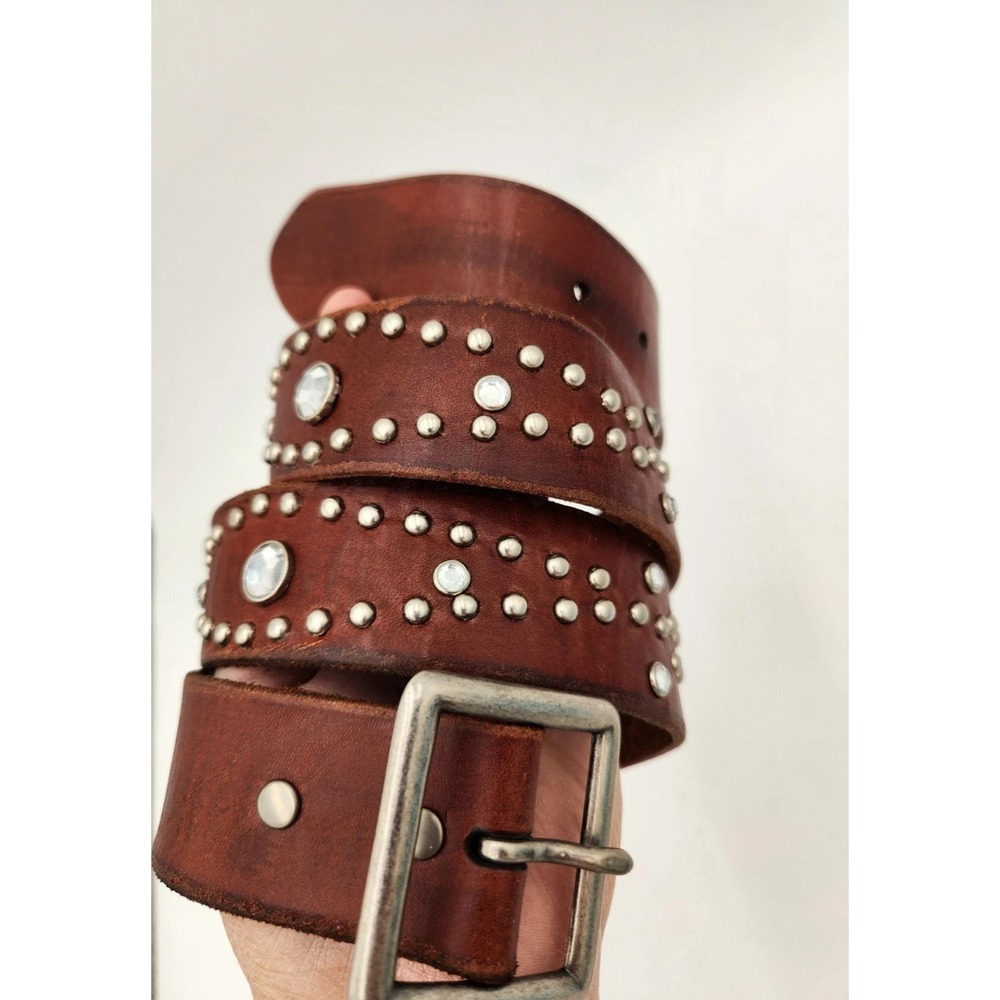 American Eagle Brown 100% Leather Belt Western Hippy Studded Womens M Rhinestone
